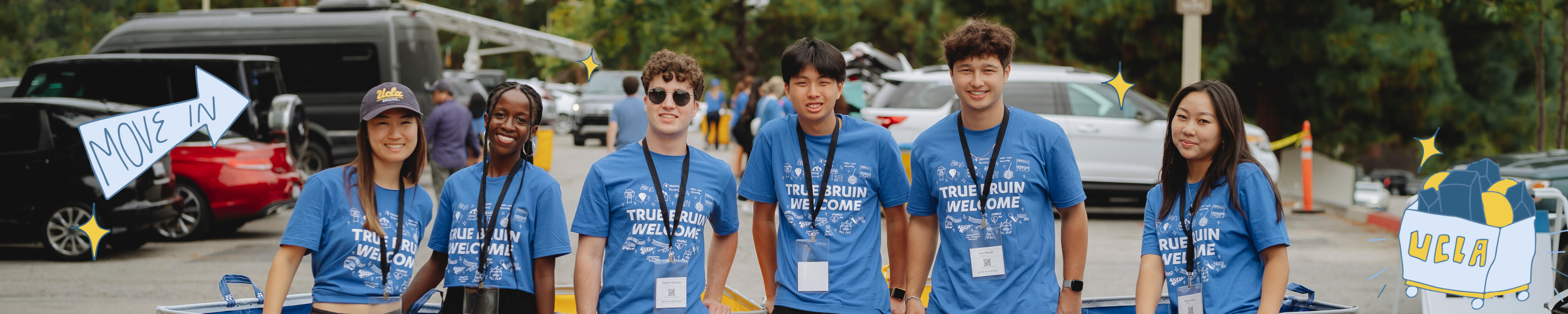 2023 True Bruin Ambassadors smiling in DD lot. 