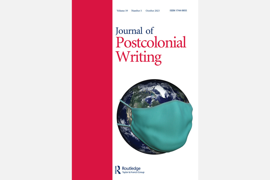Cover of the Journal of Postcolonial Writing. Depicts a graphic of the Earth wearing a face mask.